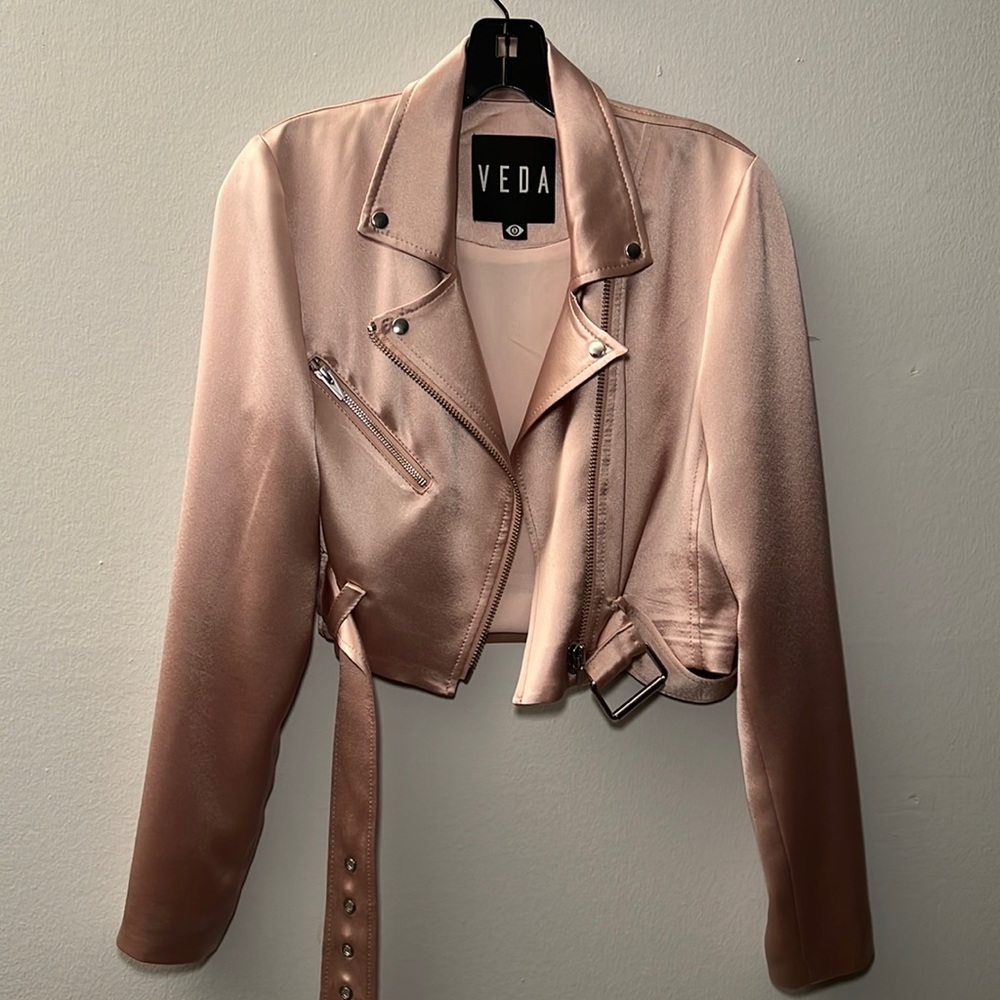 Veda Acetate Blush Pink Cropped Jacket with Belt